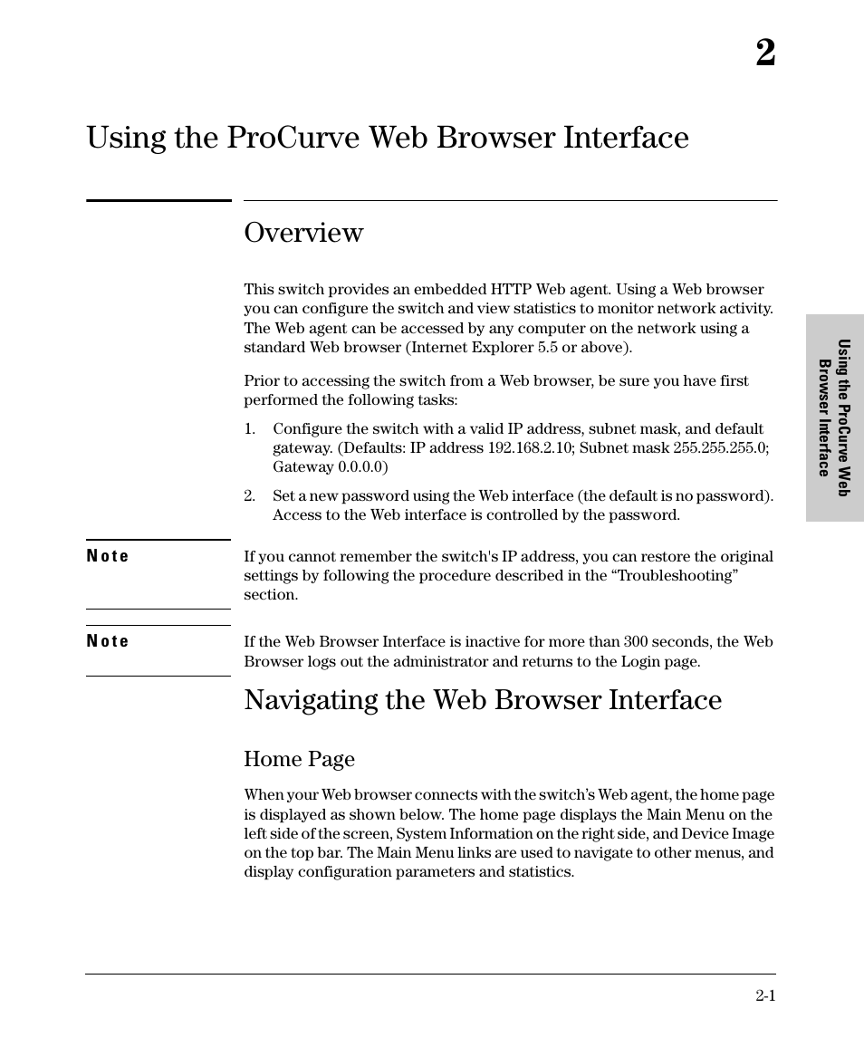 Using the procurve web browser interface, Overview, Navigating the web browser interface | 2 using the procurve web browser interface, Home page | HP 1700-24 User Manual | Page 11 / 56