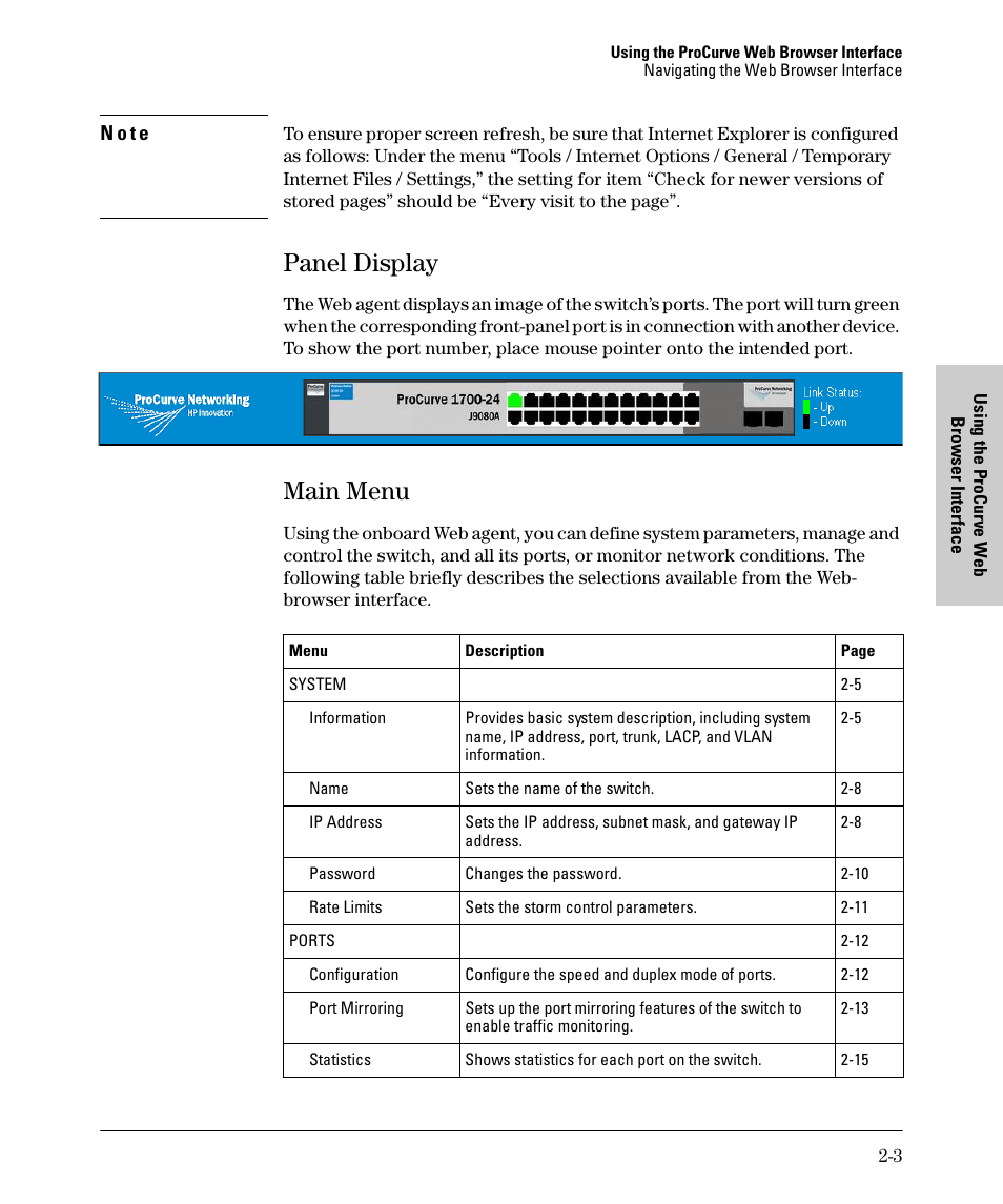 Panel display, Main menu, Panel display -3 | Main menu -3 | HP 1700-24 User Manual | Page 13 / 56