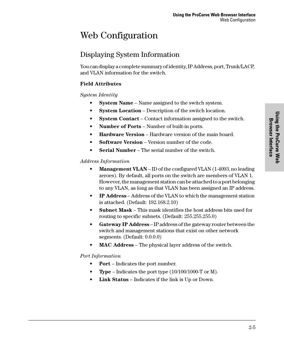 Web configuration, Displaying system information, Displaying system information -5 | HP 1700-24 User Manual | Page 15 / 56