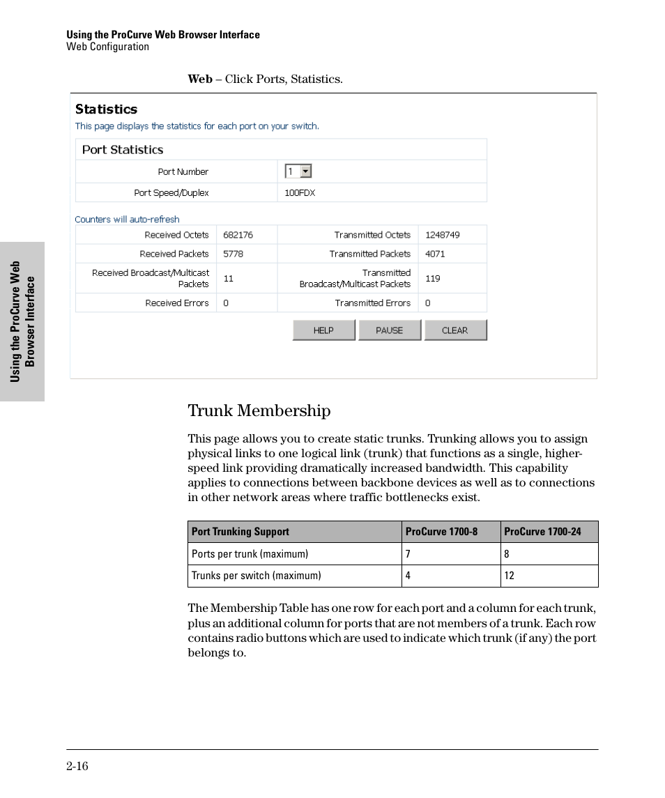 Trunk membership, Trunk membership -16 | HP 1700-24 User Manual | Page 26 / 56