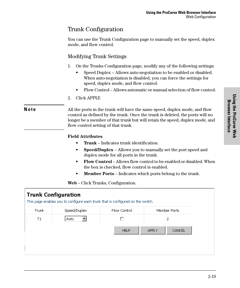 Trunk configuration, Modifying trunk settings, Trunk configuration -19 | Modifying trunk settings -19 | HP 1700-24 User Manual | Page 29 / 56