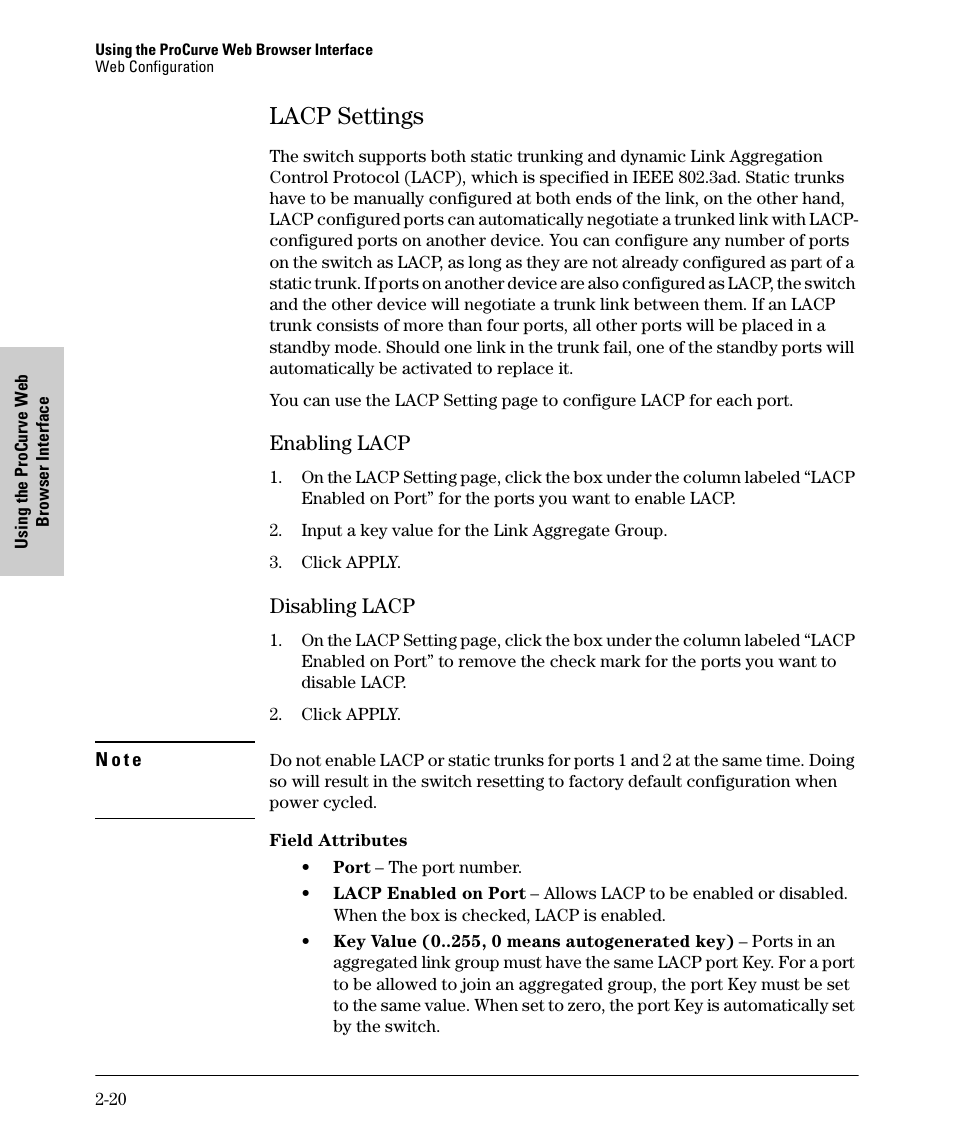 Lacp settings, Enabling lacp, Disabling lacp | Lacp settings -20, Enabling lacp -20 disabling lacp -20 | HP 1700-24 User Manual | Page 30 / 56