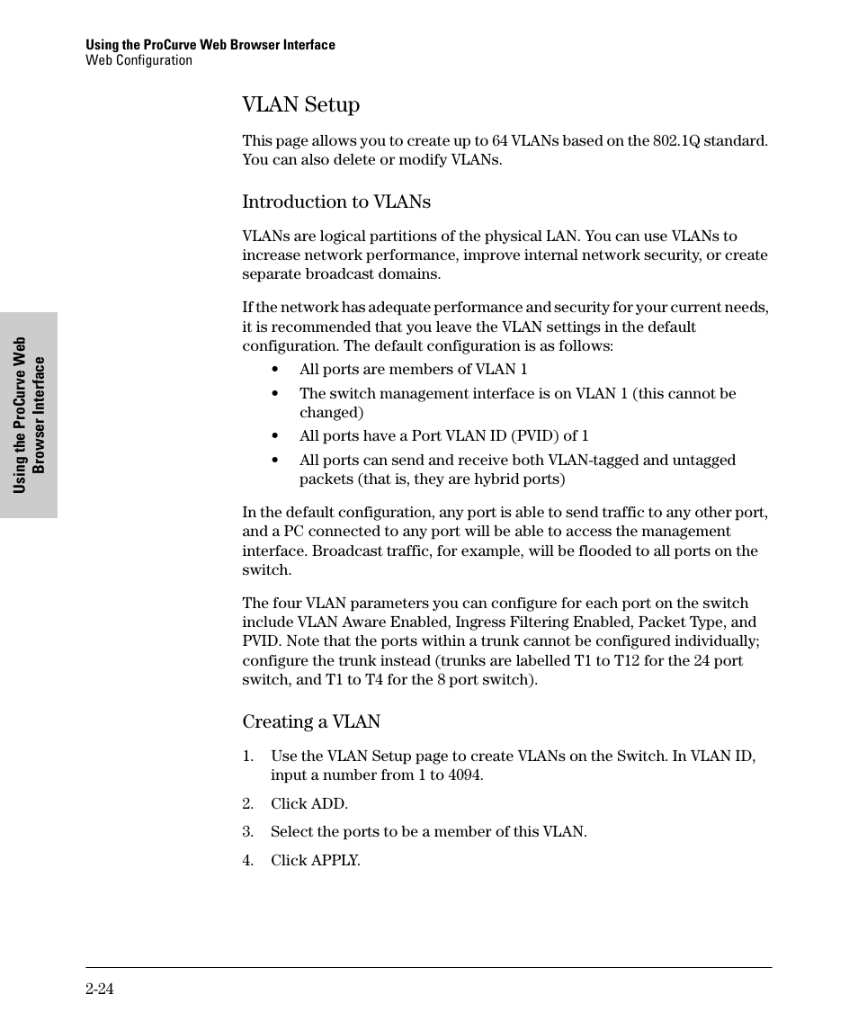 Vlan setup, Introduction to vlans, Creating a vlan | Vlan setup -24, Introduction to vlans -24 creating a vlan -24 | HP 1700-24 User Manual | Page 34 / 56