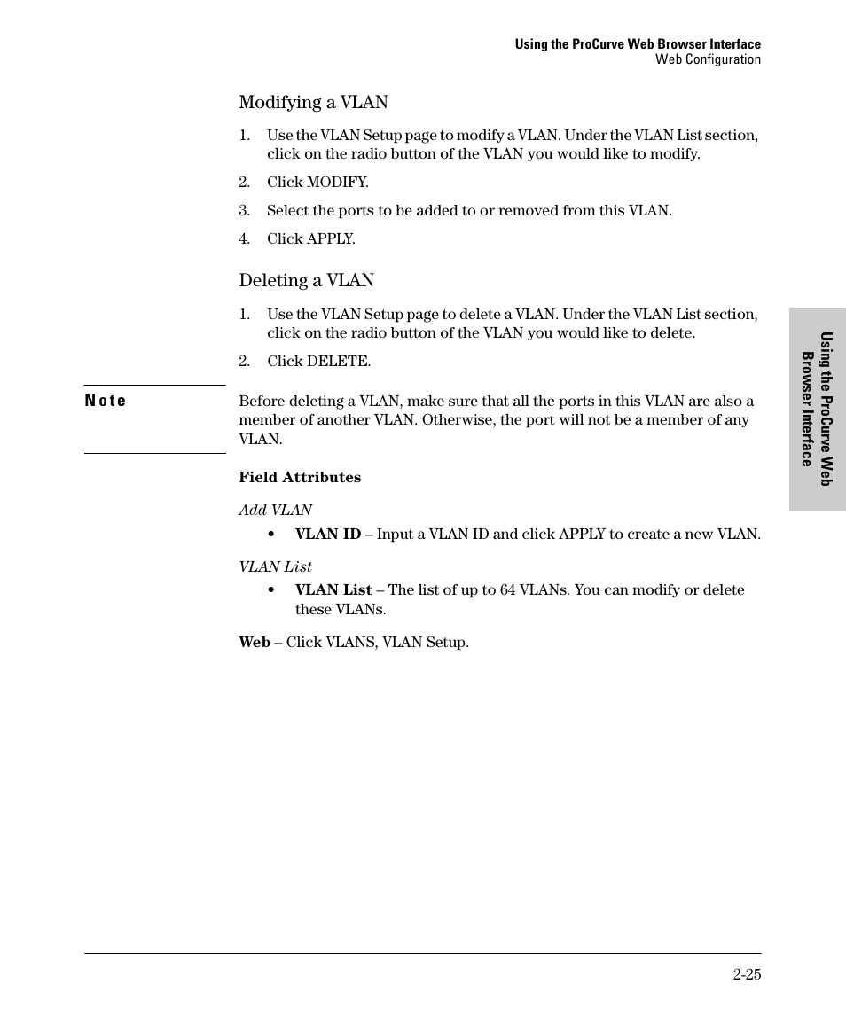 Modifying a vlan, Deleting a vlan, Modifying a vlan -25 deleting a vlan -25 | HP 1700-24 User Manual | Page 35 / 56