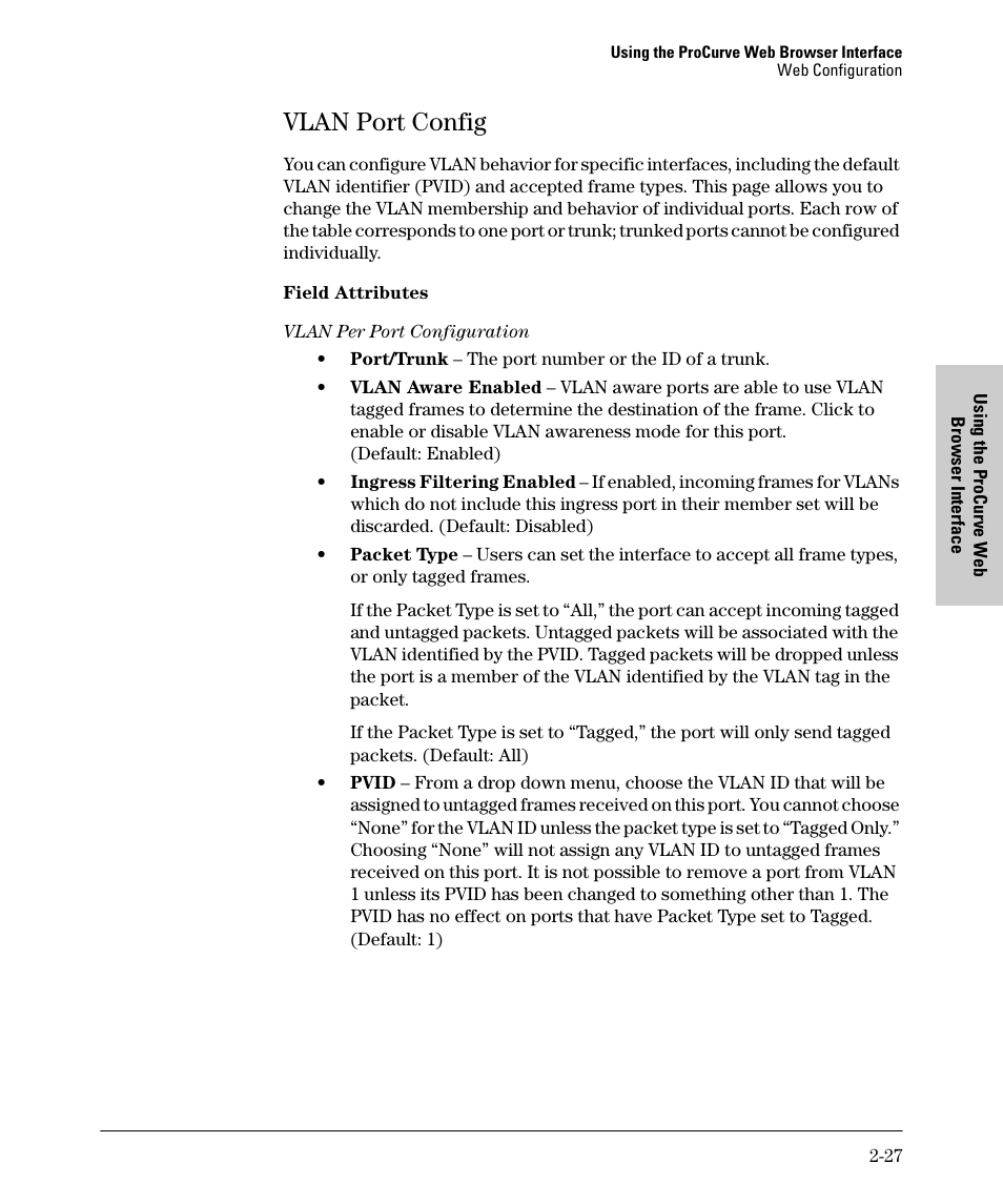Vlan port config, Vlan port config -27 | HP 1700-24 User Manual | Page 37 / 56