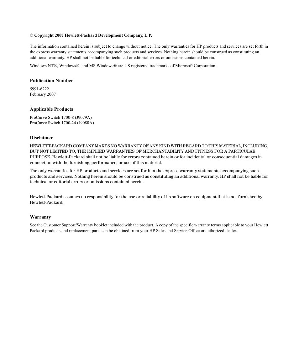 Copyright and disclaimer notices | HP 1700-24 User Manual | Page 4 / 56