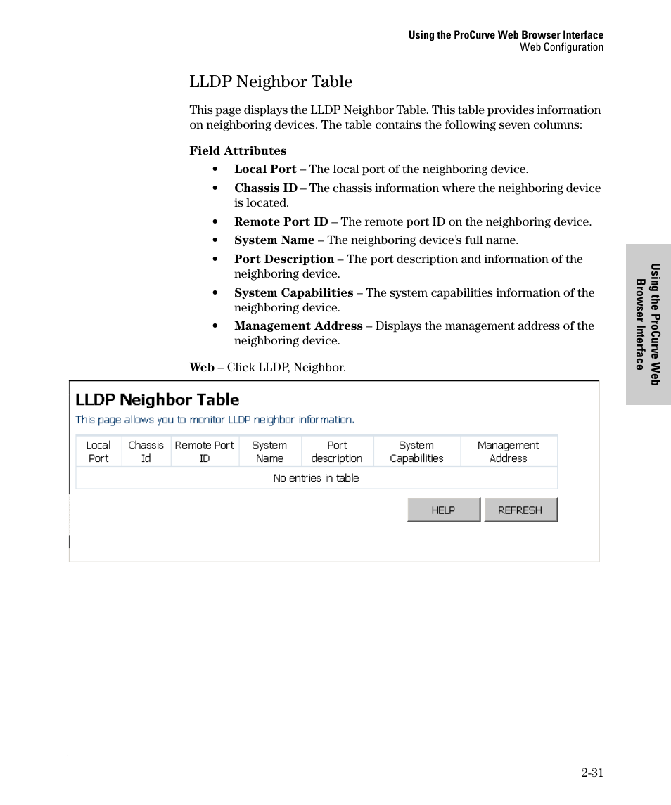 Lldp neighbor table, Lldp neighbor table -31 | HP 1700-24 User Manual | Page 41 / 56