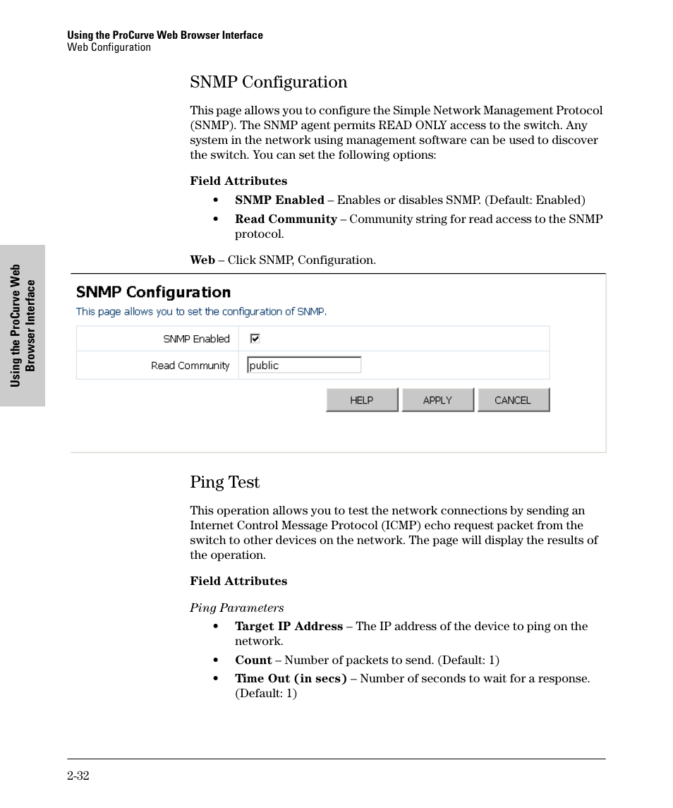 Snmp configuration, Ping test, Snmp configuration -32 | Ping test -32 | HP 1700-24 User Manual | Page 42 / 56