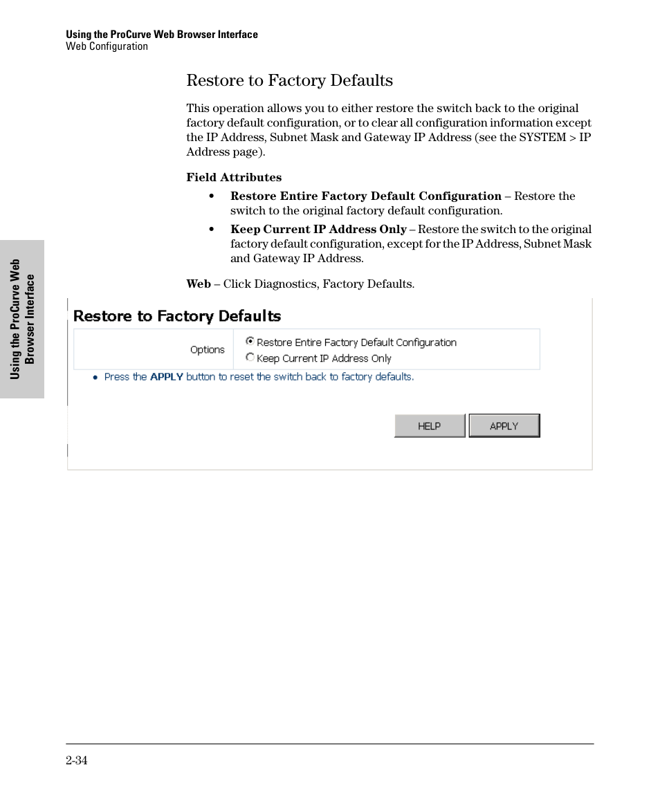 Restore to factory defaults, Restore to factory defaults -34 | HP 1700-24 User Manual | Page 44 / 56