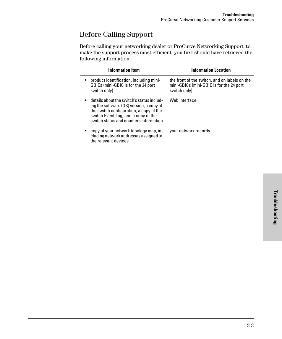 Before calling support, Before calling support -3 | HP 1700-24 User Manual | Page 51 / 56