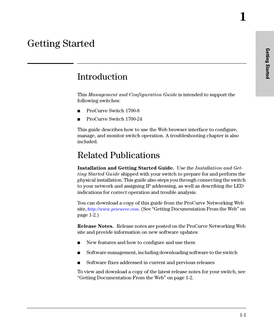 Getting started, Introduction, Related publications | 1 getting started | HP 1700-24 User Manual | Page 7 / 56