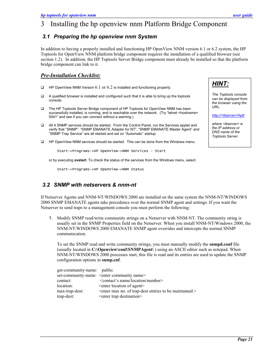 Preparing the hp openview nnm system, Snmp with netservers & nnm-nt, Reparing the hp openview nnm | Ystem, Snmp, With netservers, Hint, 1 preparing the hp openview nnm system, Pre-installation checklist, 2 snmp with netservers & nnm-nt | HP zl User Manual | Page 21 / 86