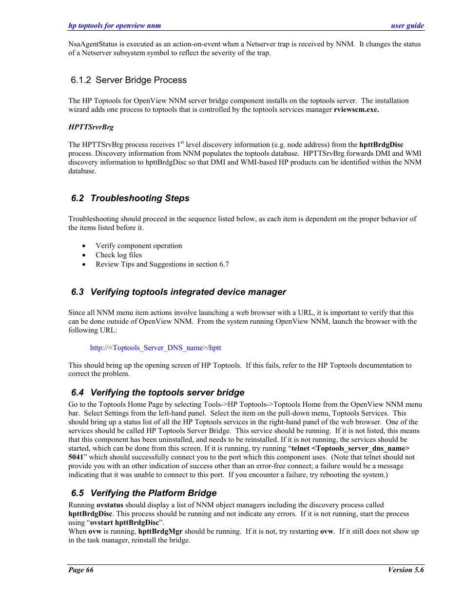 Server bridge process, Troubleshooting steps, Verifying toptools integrated device manager | Verifying the toptools server bridge, Verifying the platform bridge, Roubleshooting, Teps, Erifying toptools integrated device manager, Erifying the toptools server bridge, Erifying the | HP zl User Manual | Page 66 / 86