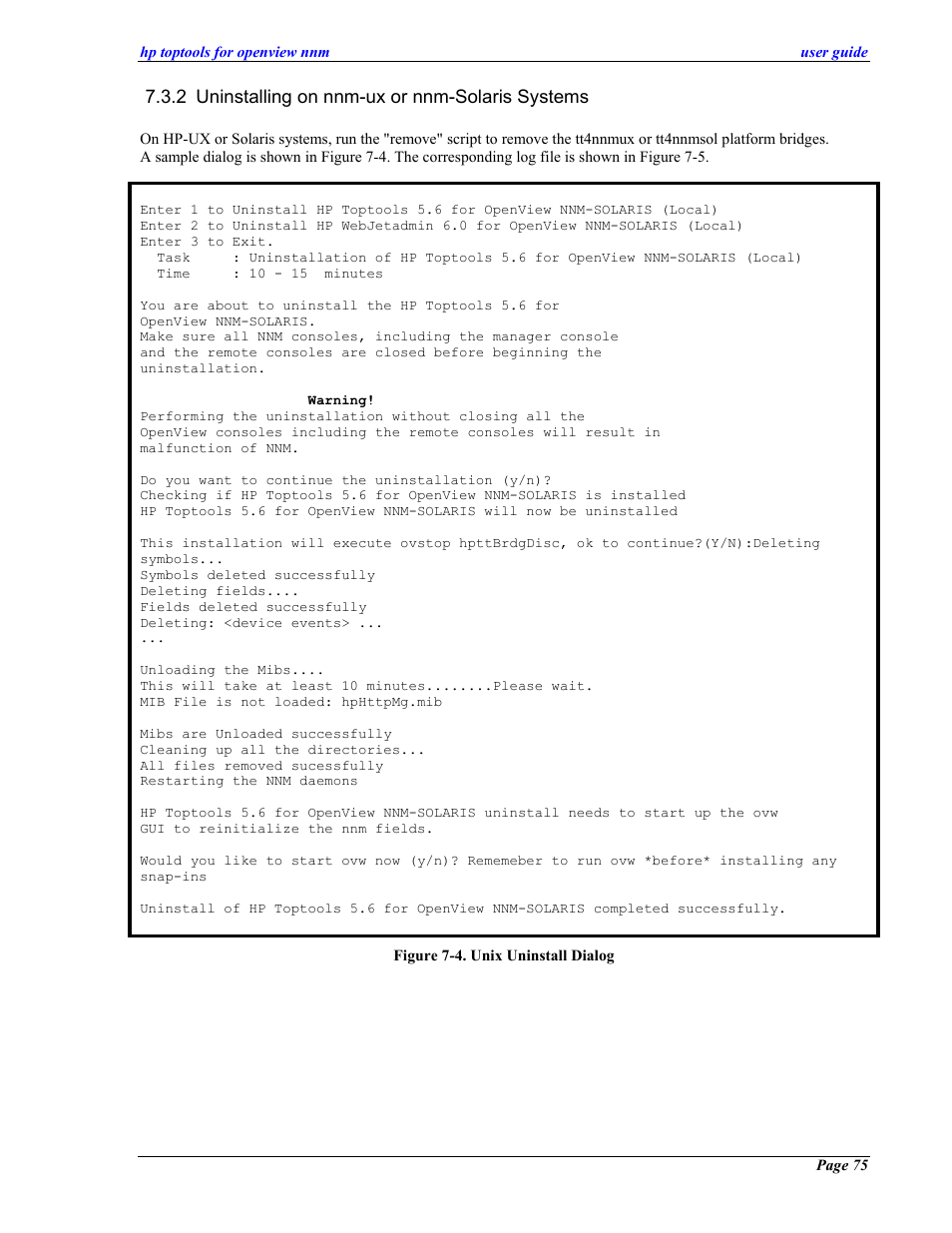 Uninstalling on nnm-ux or nnm-solaris systems | HP zl User Manual | Page 75 / 86