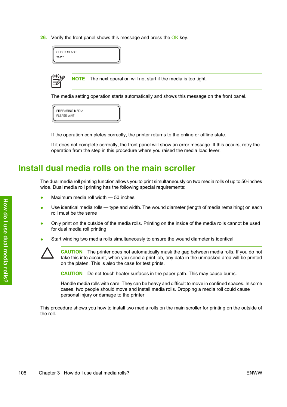Install dual media rolls on the main scroller | HP 10000s User Manual | Page 118 / 330