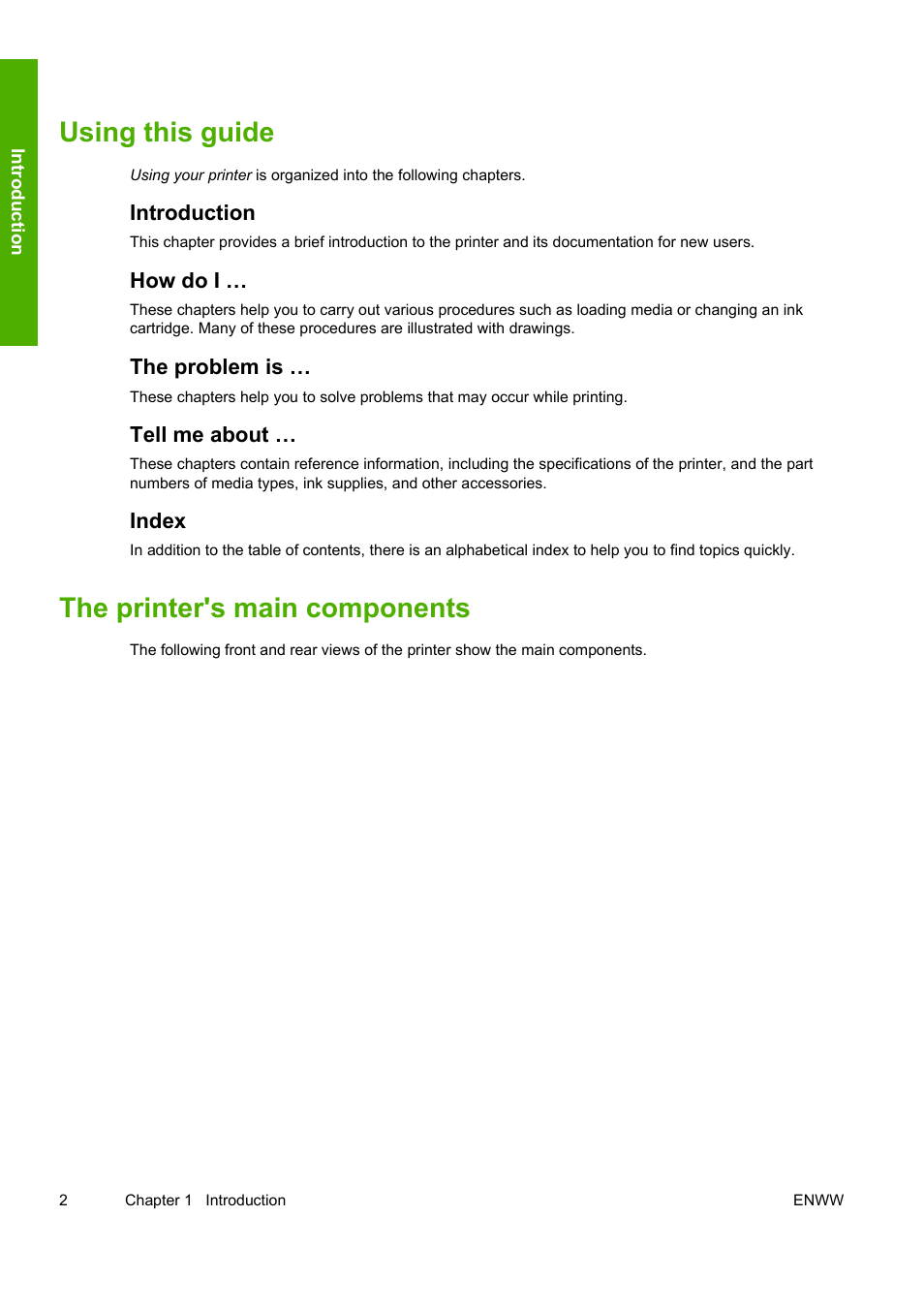 Using this guide, The printer's main components | HP 10000s User Manual | Page 12 / 330