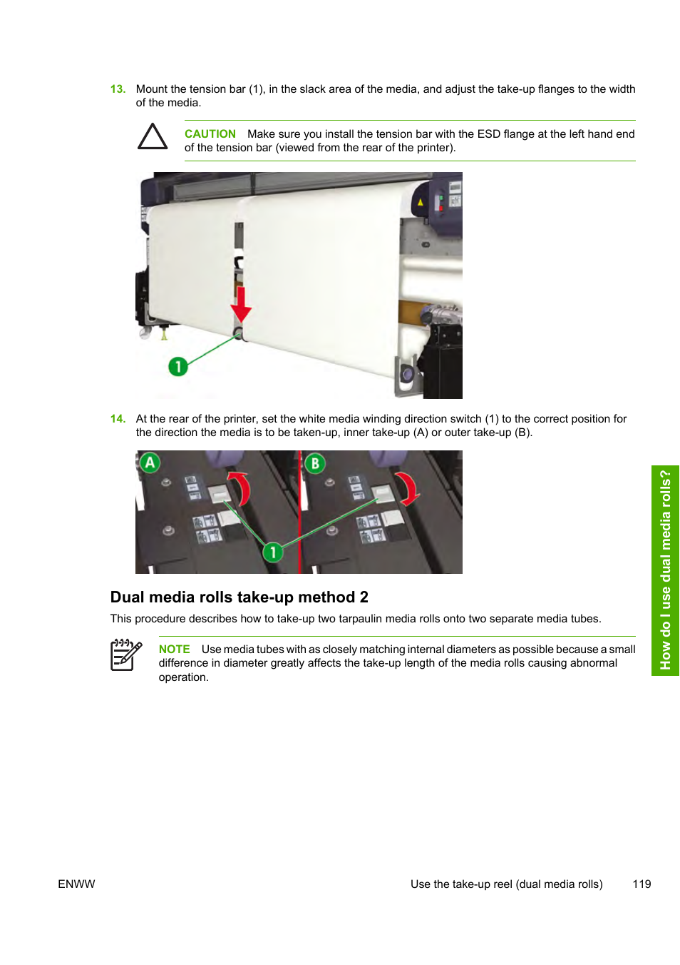 Dual media rolls take-up method 2 | HP 10000s User Manual | Page 129 / 330