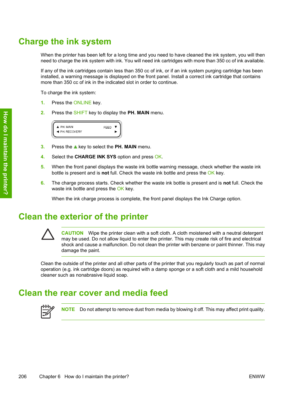 Charge the ink system, Clean the exterior of the printer, Clean the rear cover and media feed | HP 10000s User Manual | Page 216 / 330