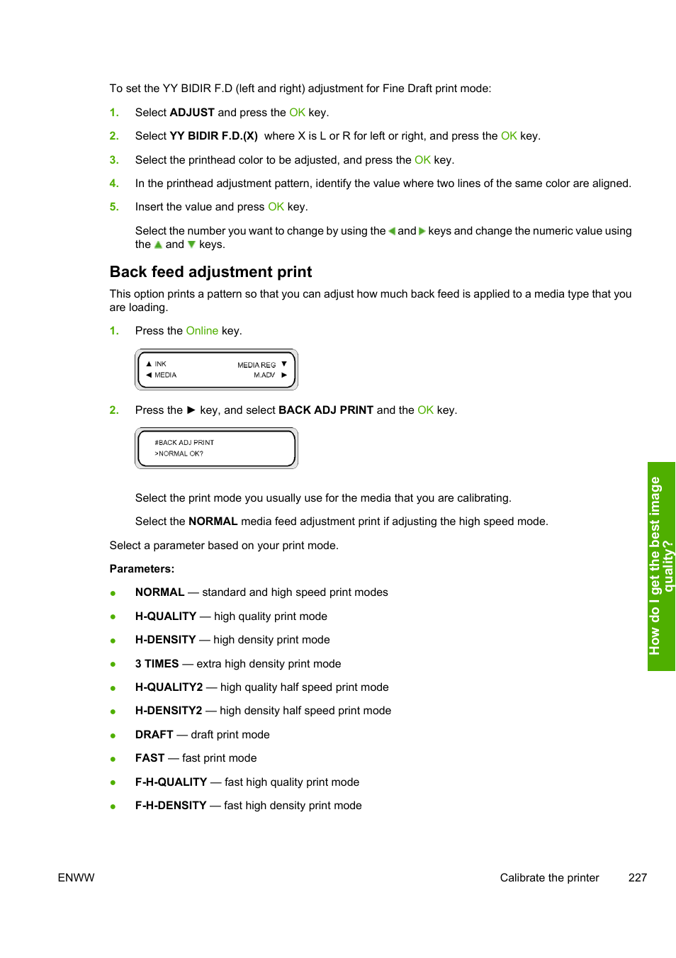 Back feed adjustment print, How do i get the best image q uali ty | HP 10000s User Manual | Page 237 / 330