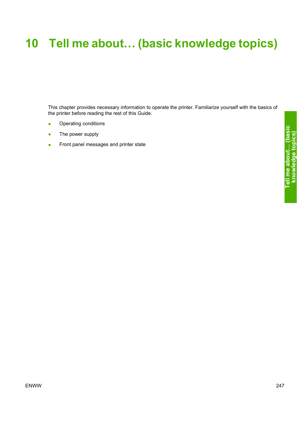 10 tell me about… (basic knowledge topics) | HP 10000s User Manual | Page 257 / 330