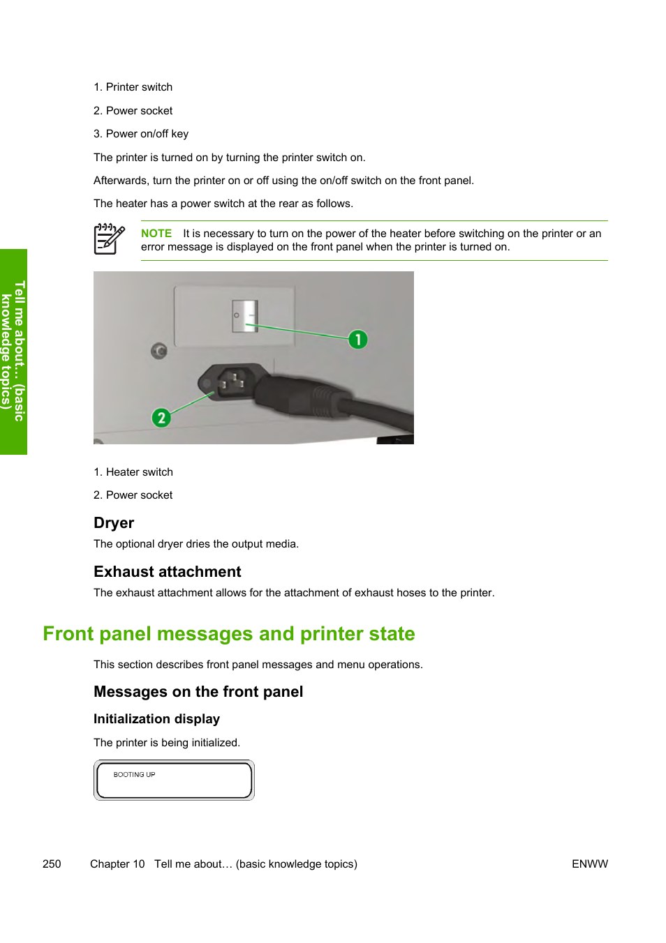 Front panel messages and printer state, Dryer, Exhaust attachment | Messages on the front panel | HP 10000s User Manual | Page 260 / 330