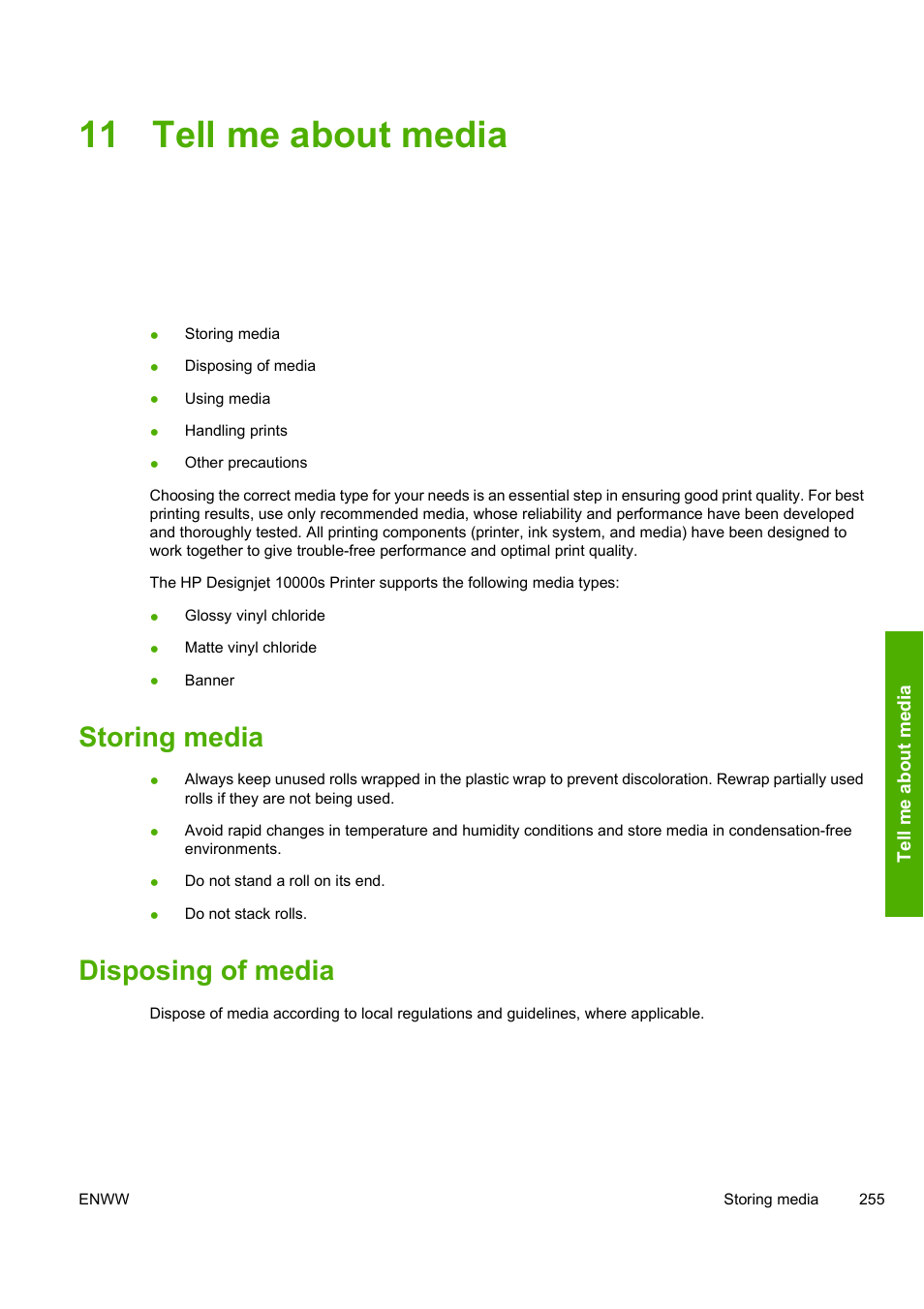 11 tell me about media, Storing media, Disposing of media | HP 10000s User Manual | Page 265 / 330