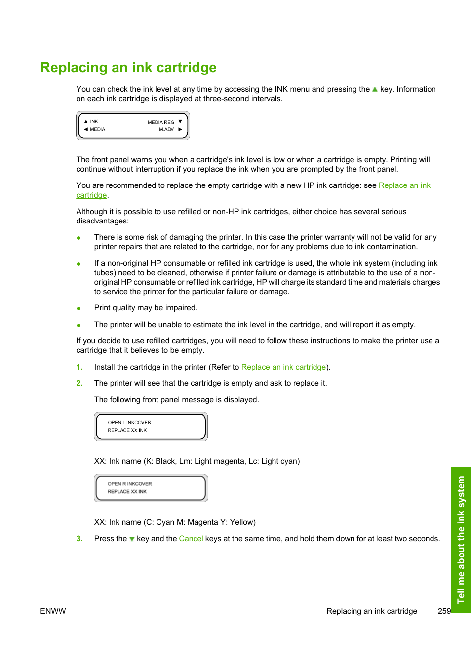 Replacing an ink cartridge | HP 10000s User Manual | Page 269 / 330