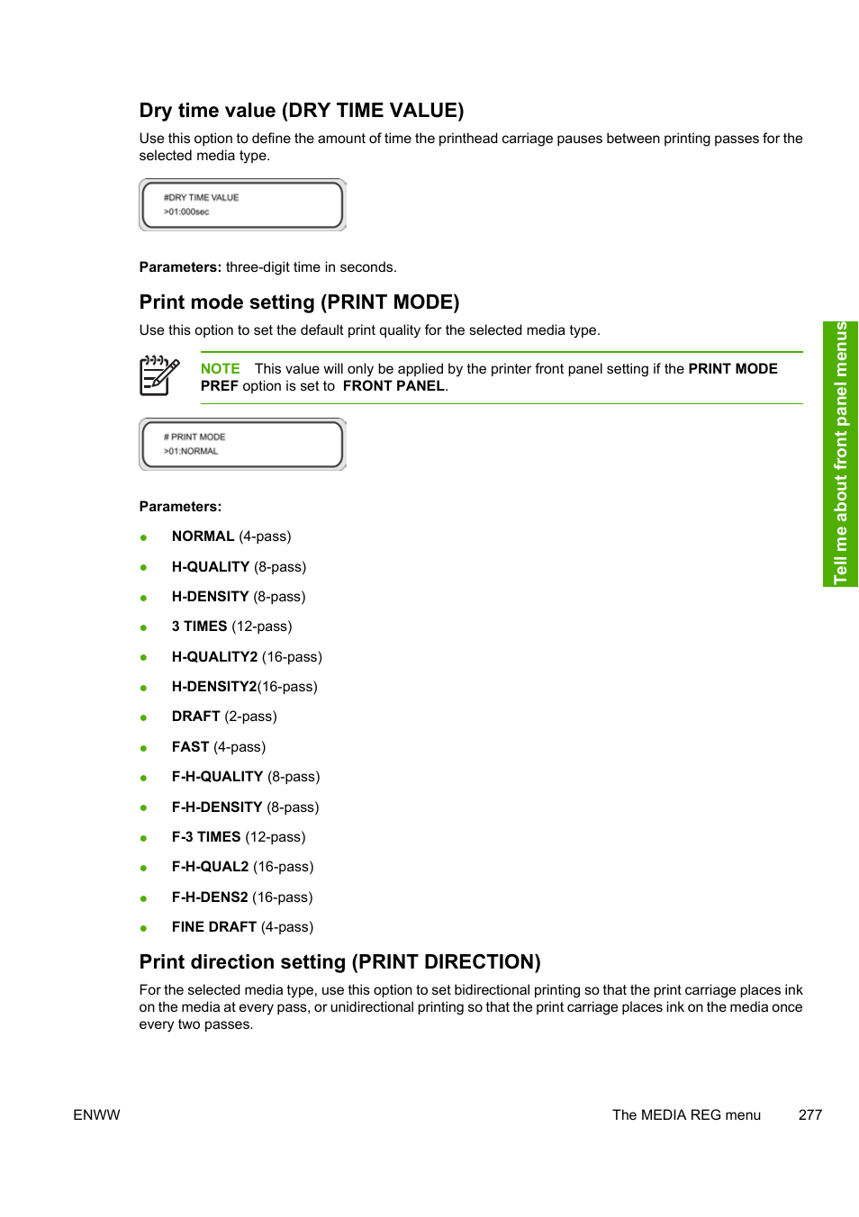 Dry time value (dry time value), Print mode setting (print mode), Print direction setting (print direction) | HP 10000s User Manual | Page 287 / 330