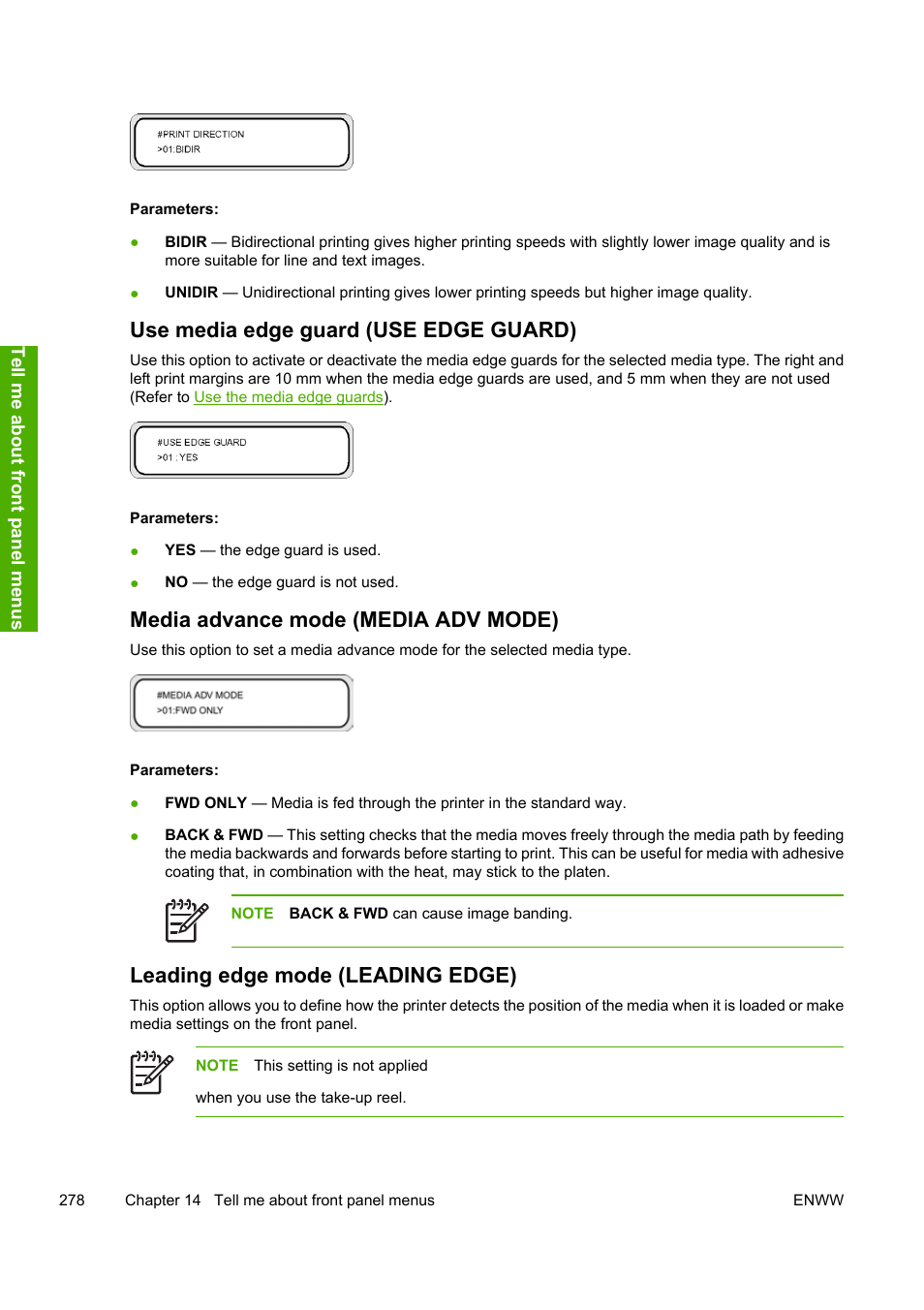 Use media edge guard (use edge guard), Media advance mode (media adv mode), Leading edge mode (leading edge) | HP 10000s User Manual | Page 288 / 330