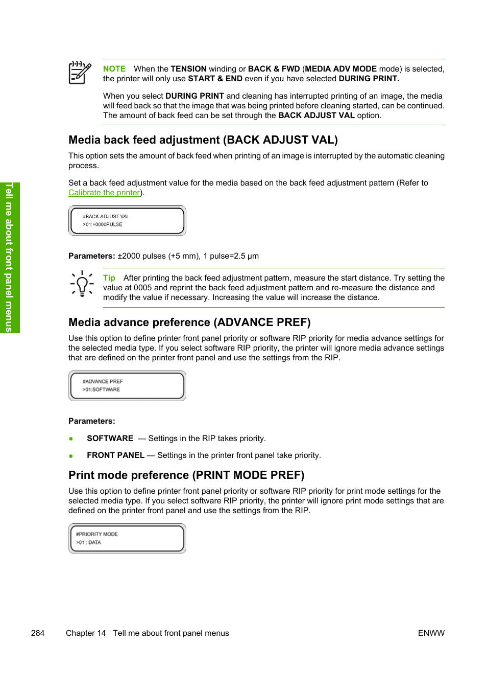 Media back feed adjustment (back adjust val), Media advance preference (advance pref), Print mode preference (print mode pref) | HP 10000s User Manual | Page 294 / 330