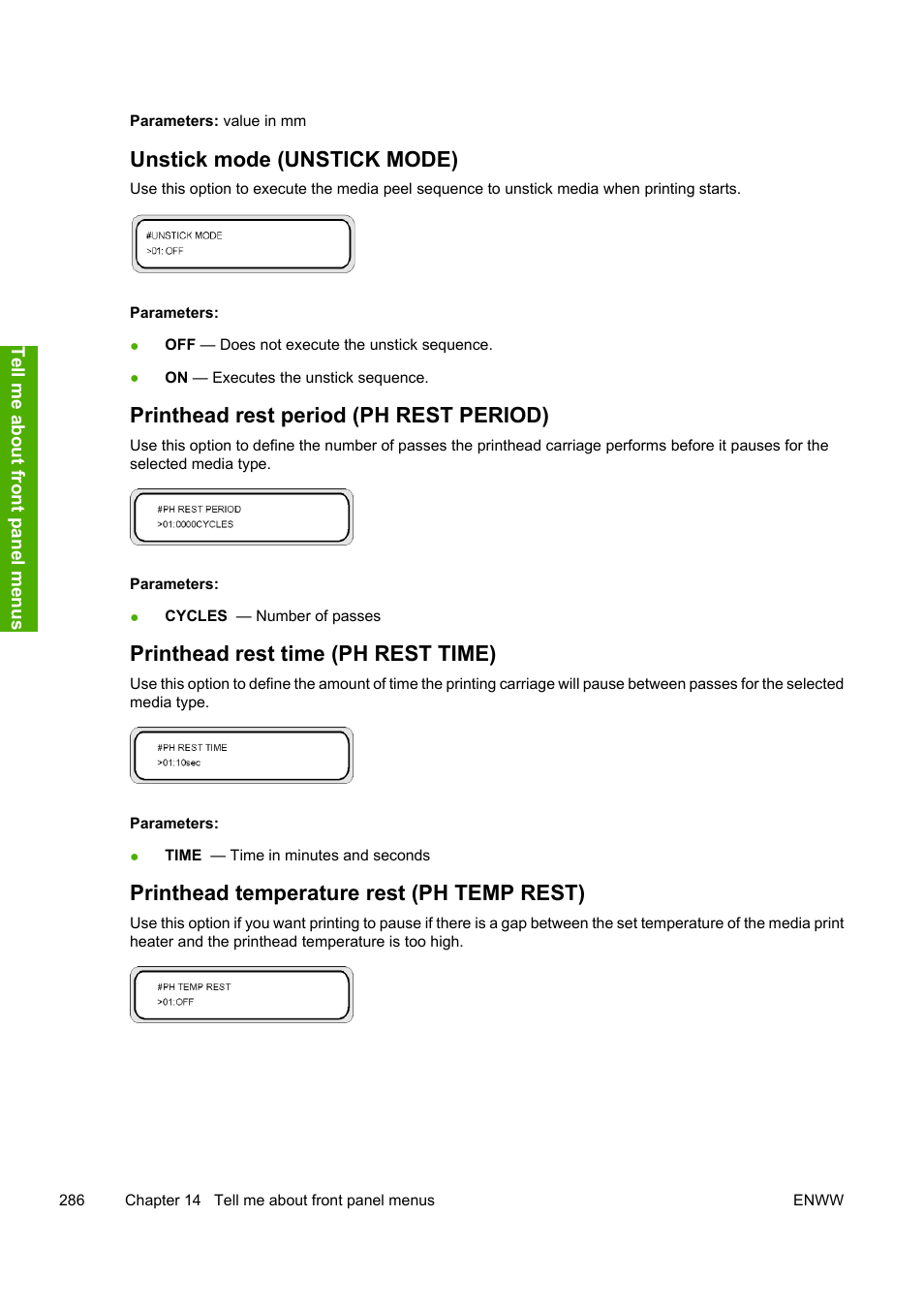 Unstick mode (unstick mode), Printhead rest period (ph rest period), Printhead rest time (ph rest time) | Printhead temperature rest (ph temp rest) | HP 10000s User Manual | Page 296 / 330