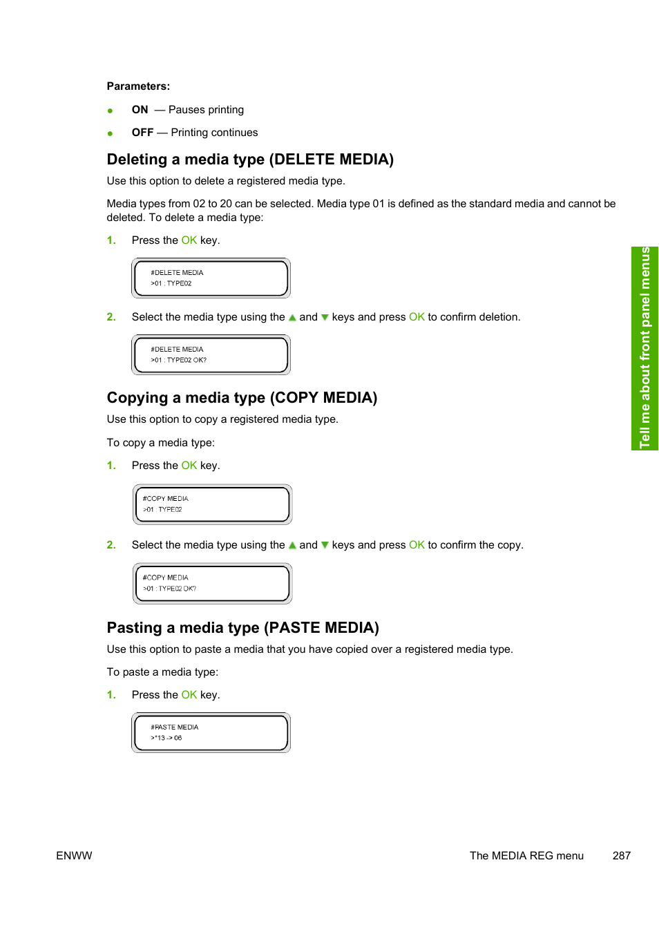 Deleting a media type (delete media), Copying a media type (copy media), Pasting a media type (paste media) | HP 10000s User Manual | Page 297 / 330