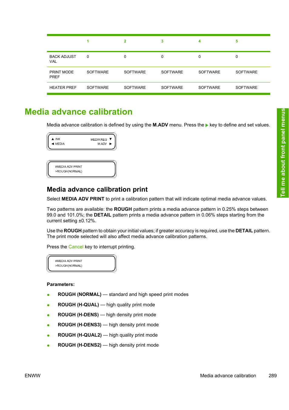Media advance calibration, Media advance calibration print | HP 10000s User Manual | Page 299 / 330