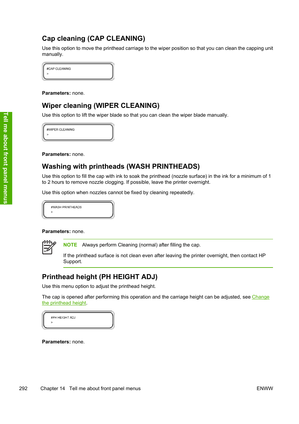 Cap cleaning (cap cleaning), Wiper cleaning (wiper cleaning), Washing with printheads (wash printheads) | Printhead height (ph height adj) | HP 10000s User Manual | Page 302 / 330
