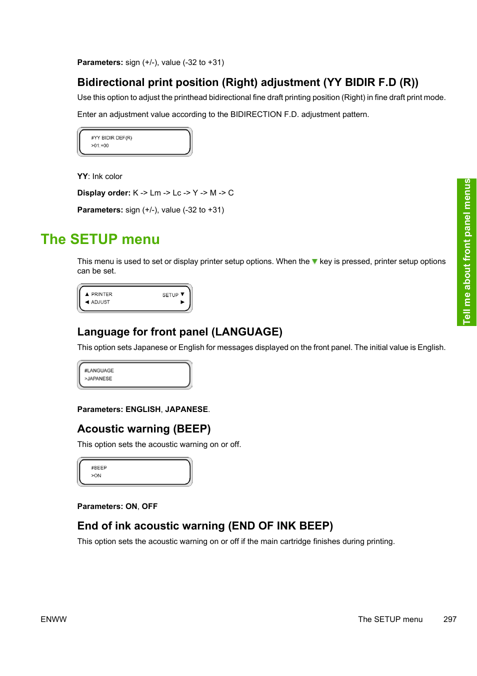 The setup menu, Language for front panel (language), Acoustic warning (beep) | End of ink acoustic warning (end of ink beep) | HP 10000s User Manual | Page 307 / 330