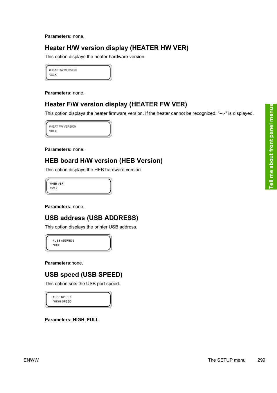 Heater h/w version display (heater hw ver), Heater f/w version display (heater fw ver), Heb board h/w version (heb version) | Usb address (usb address), Usb speed (usb speed) | HP 10000s User Manual | Page 309 / 330