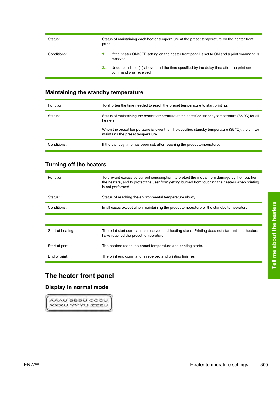 The heater front panel, Maintaining the standby temperature, Turning off the heaters | Display in normal mode | HP 10000s User Manual | Page 315 / 330
