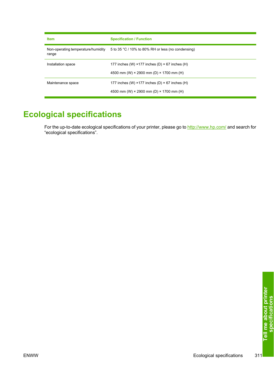 Ecological specifications | HP 10000s User Manual | Page 321 / 330