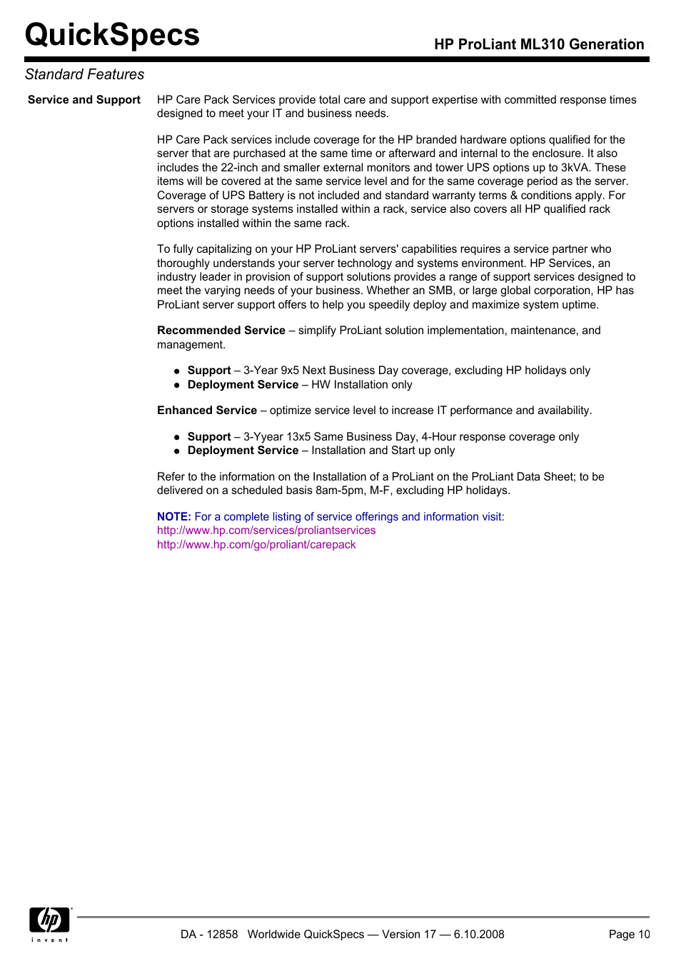 Quickspecs | HP ProLiant Generation ML310 User Manual | Page 10 / 32