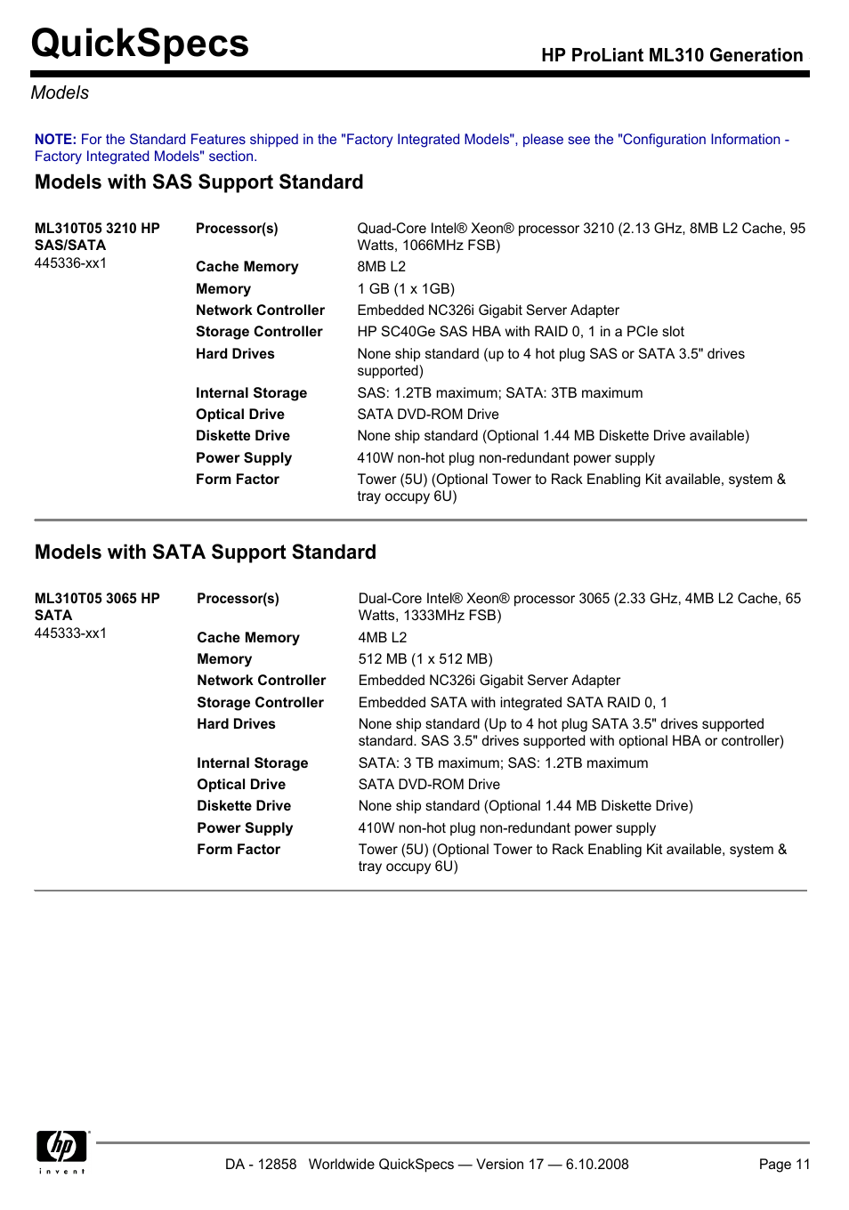 Models, Quickspecs, Models with sas support standard | Models with sata support standard, Hp proliant ml310 generation 5 models | HP ProLiant Generation ML310 User Manual | Page 11 / 32