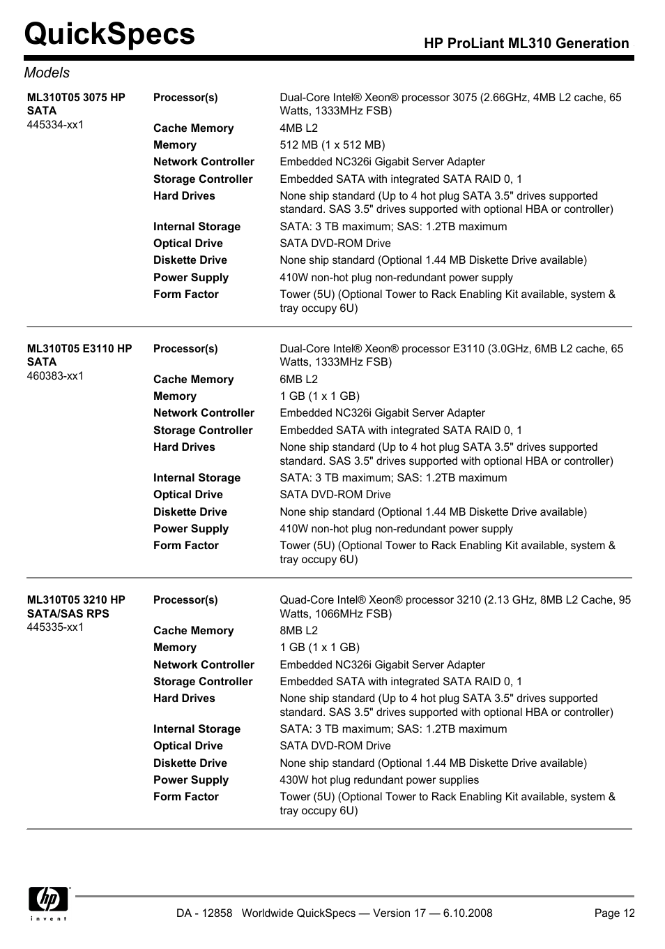 Quickspecs, Hp proliant ml310 generation 5 models | HP ProLiant Generation ML310 User Manual | Page 12 / 32