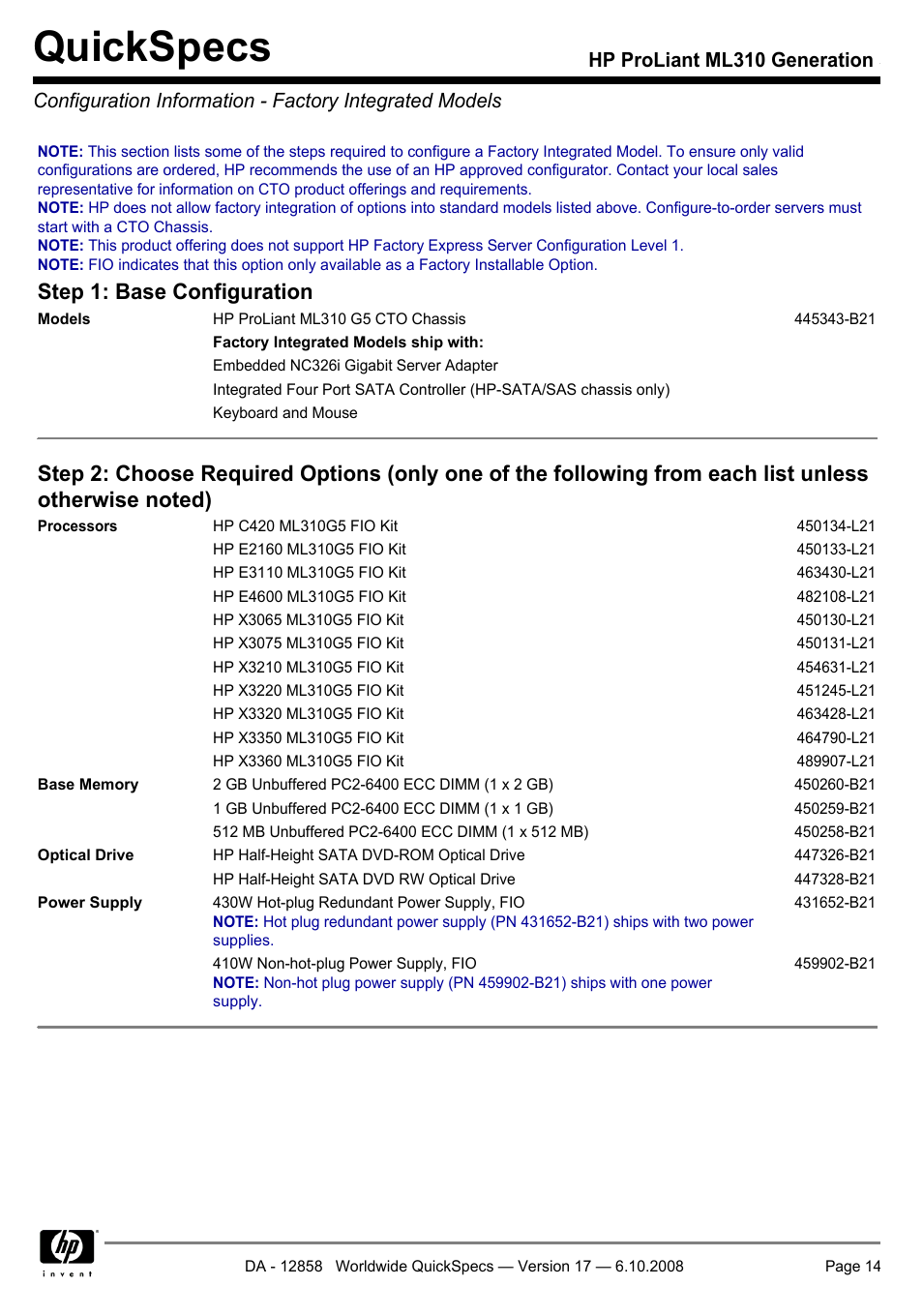 Quickspecs, Step 1: base configuration | HP ProLiant Generation ML310 User Manual | Page 14 / 32