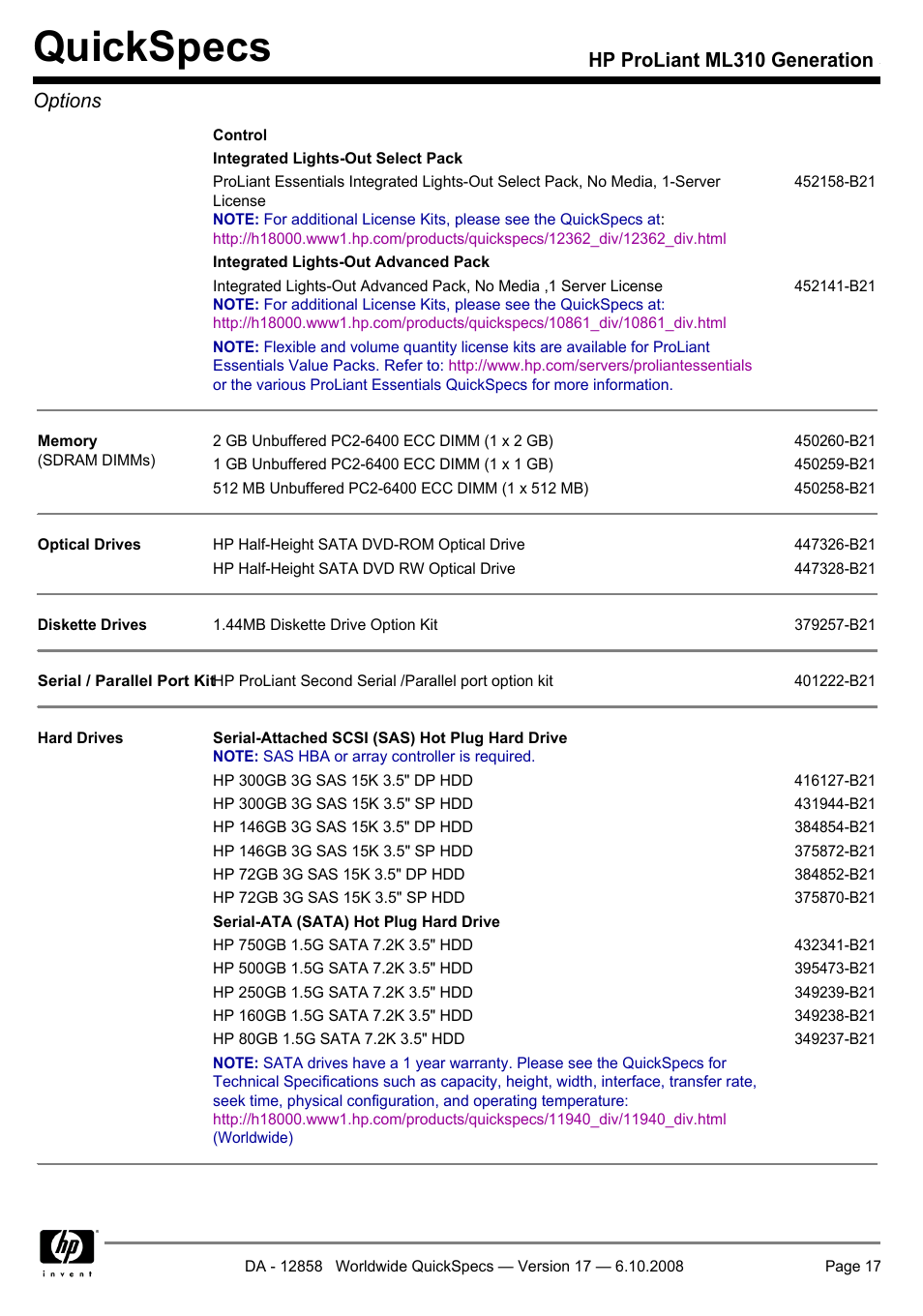 Quickspecs, Hp proliant ml310 generation 5 options | HP ProLiant Generation ML310 User Manual | Page 17 / 32