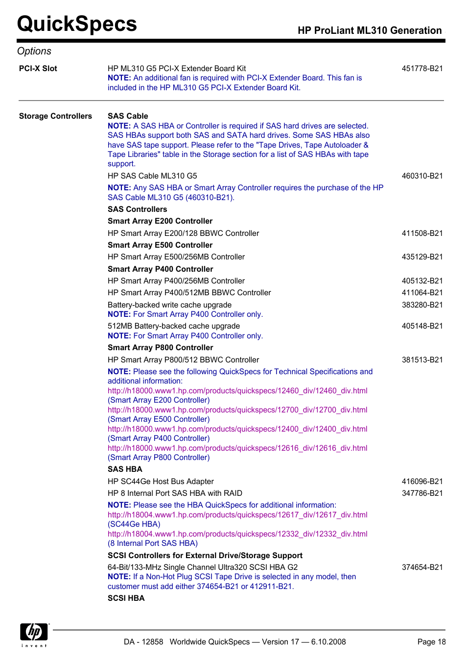 Quickspecs, Hp proliant ml310 generation 5 options | HP ProLiant Generation ML310 User Manual | Page 18 / 32