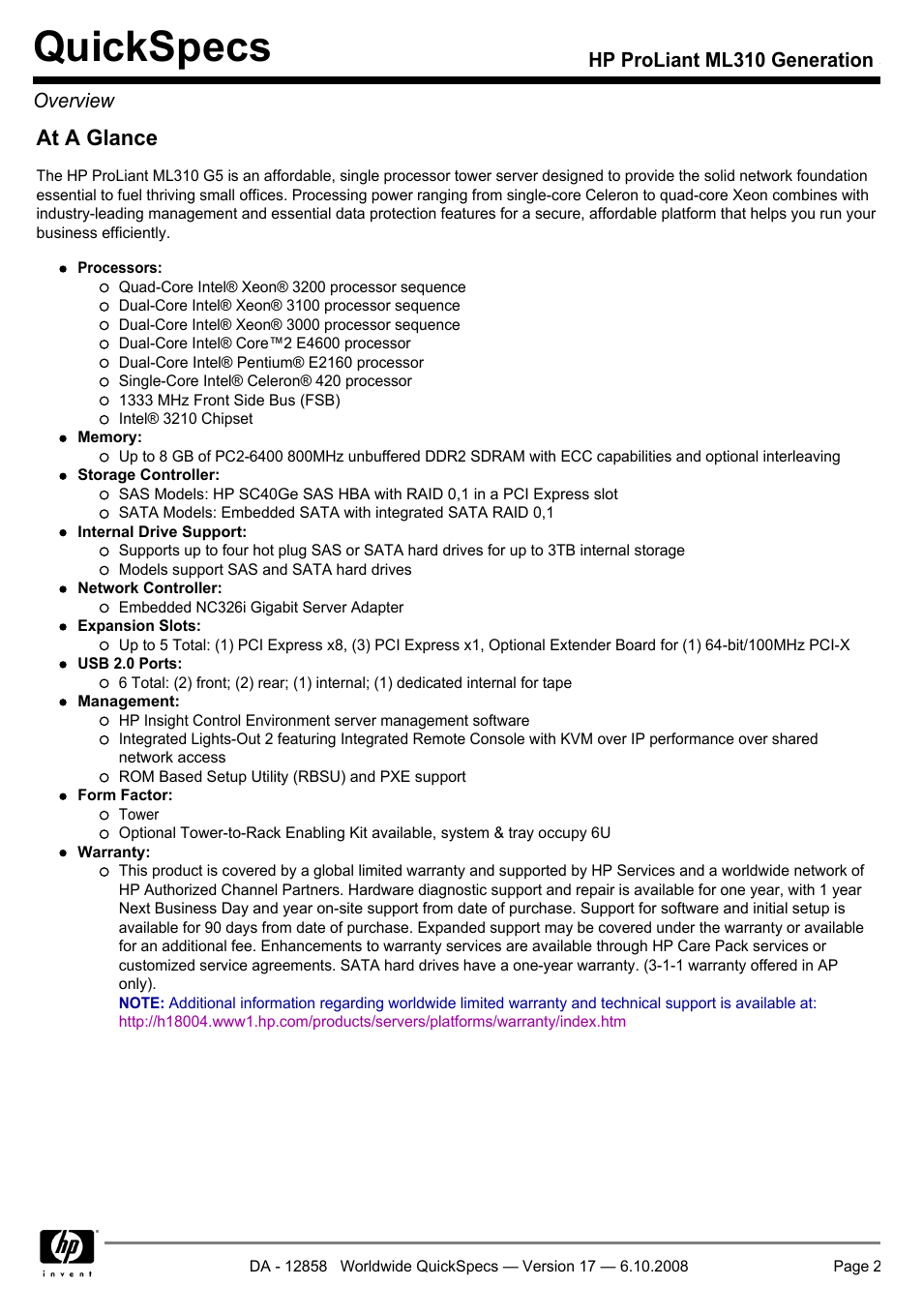 Quickspecs, At a glance, Hp proliant ml310 generation 5 overview | HP ProLiant Generation ML310 User Manual | Page 2 / 32