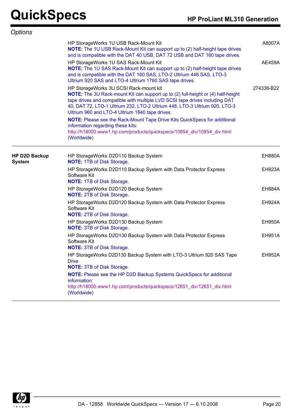 Quickspecs, Hp proliant ml310 generation 5 options | HP ProLiant Generation ML310 User Manual | Page 20 / 32