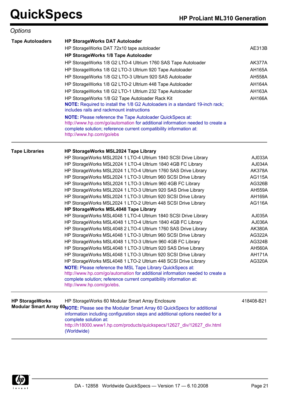 Quickspecs, Hp proliant ml310 generation 5 options | HP ProLiant Generation ML310 User Manual | Page 21 / 32