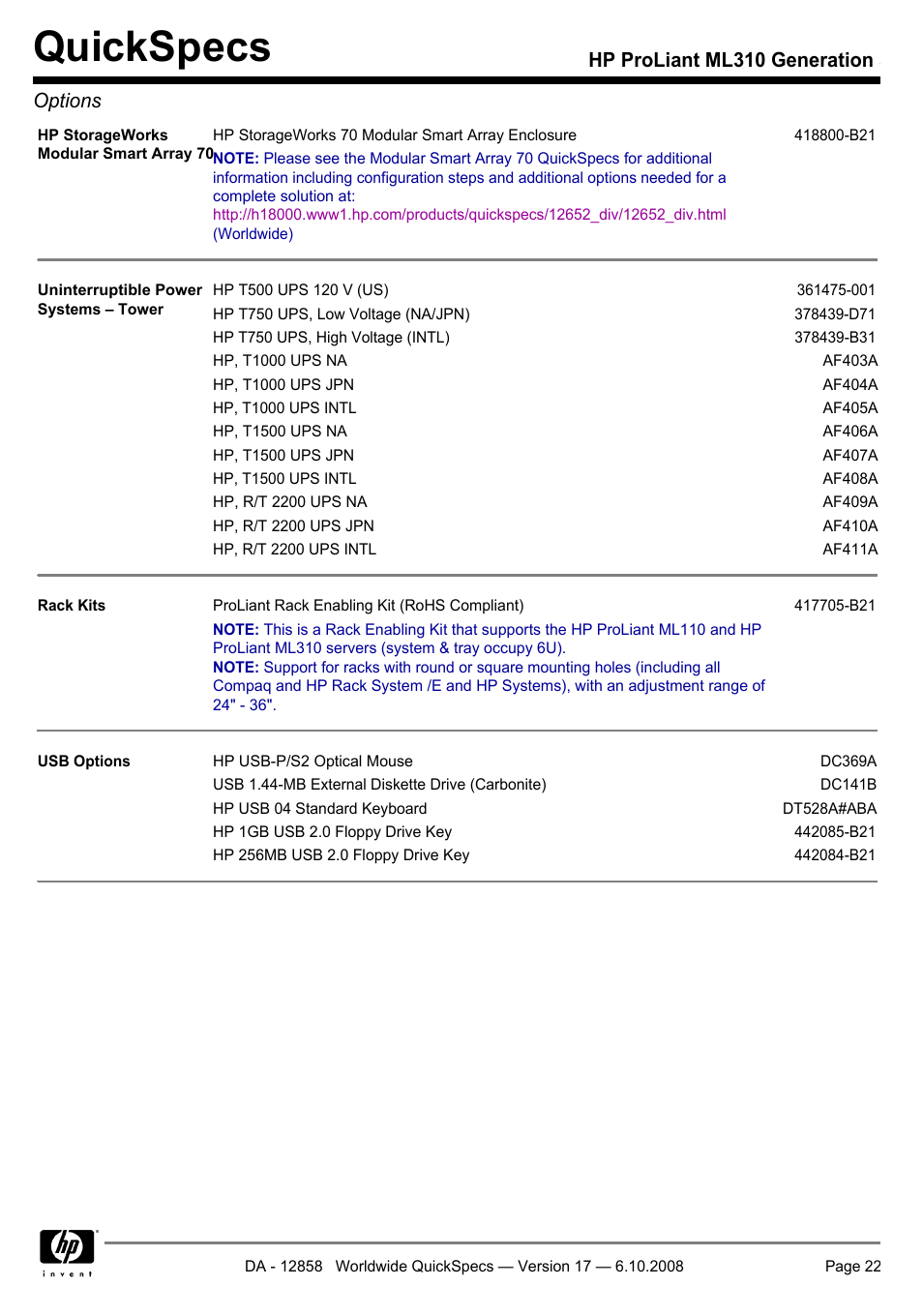 Quickspecs, Hp proliant ml310 generation 5 options | HP ProLiant Generation ML310 User Manual | Page 22 / 32