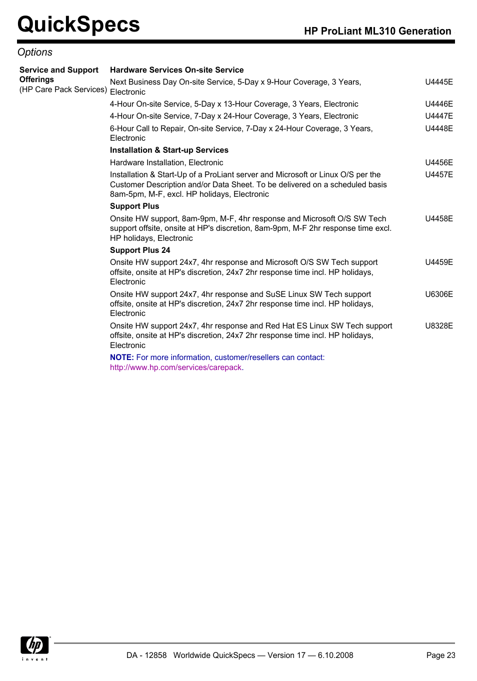 Quickspecs, Hp proliant ml310 generation 5 options | HP ProLiant Generation ML310 User Manual | Page 23 / 32