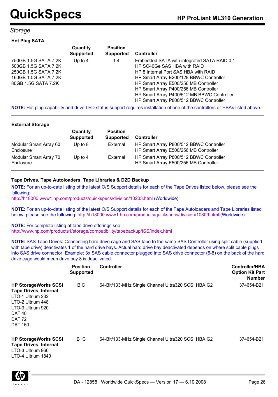 Quickspecs, Hp proliant ml310 generation 5 storage | HP ProLiant Generation ML310 User Manual | Page 26 / 32